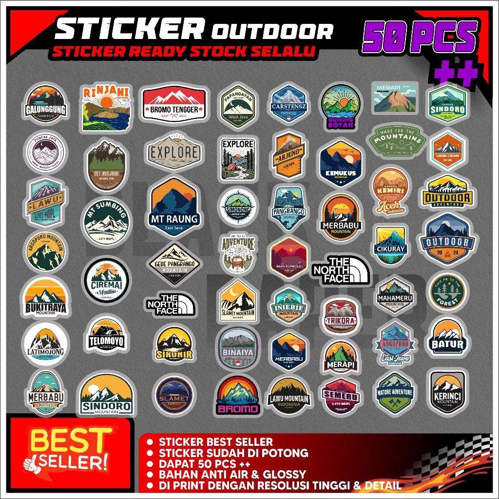 

Sticker outdoor naik gunung 50 picis sudah potong anti air