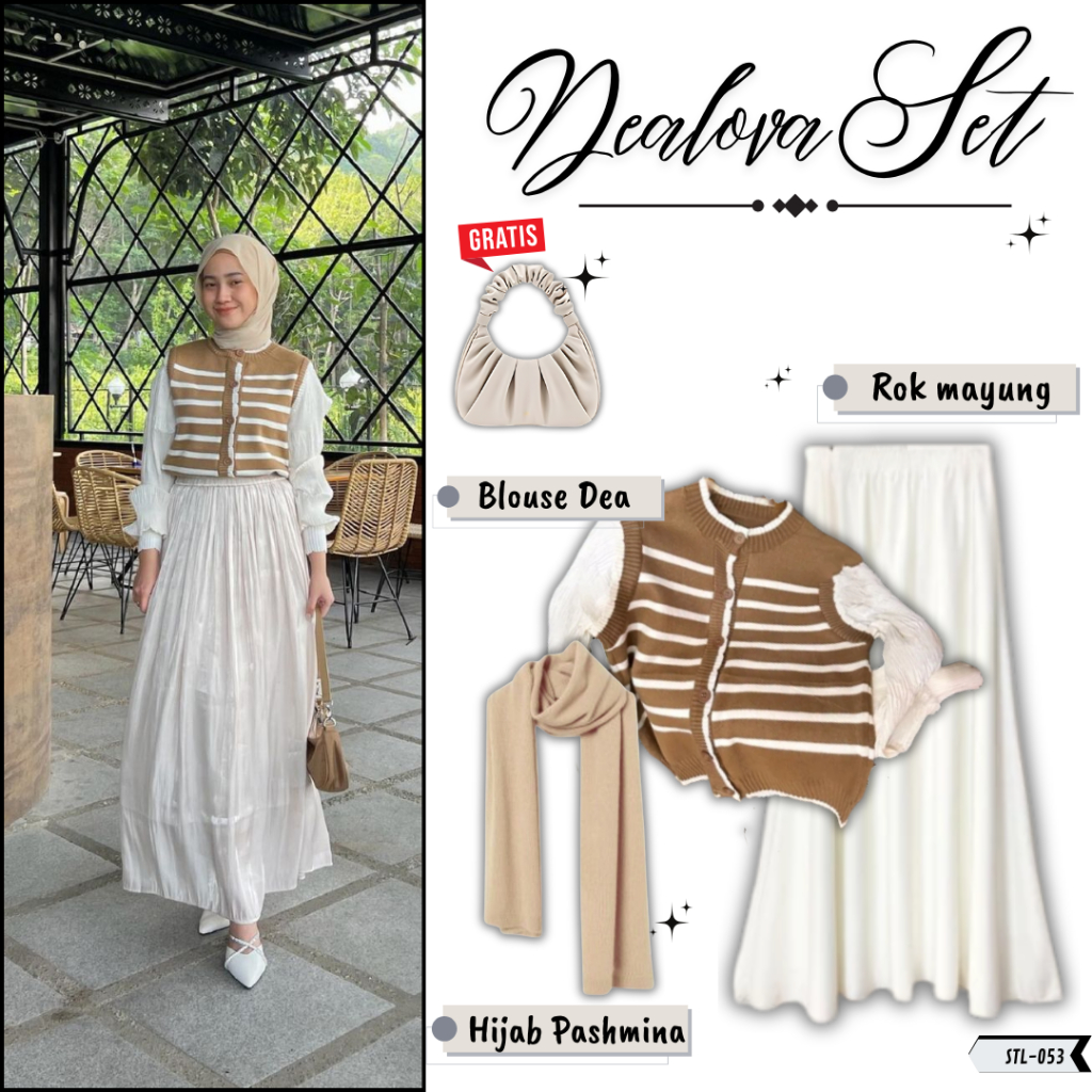 Outfit Oneset Wanita 3 IN 1  Set Korea Style Outfit [Blouse + Rok A Line / Celana Scuba +Hijab ]  On