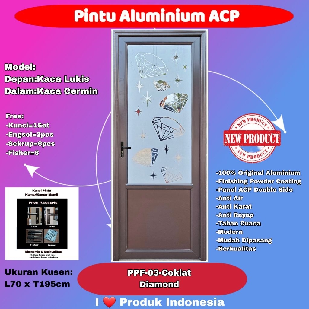 Pintu Kamar Mandi Aluminium-Happy Door-PPF 03-3/4 Kaca Lukis Diamond-Kaca Cermin Dalam-Coklat
