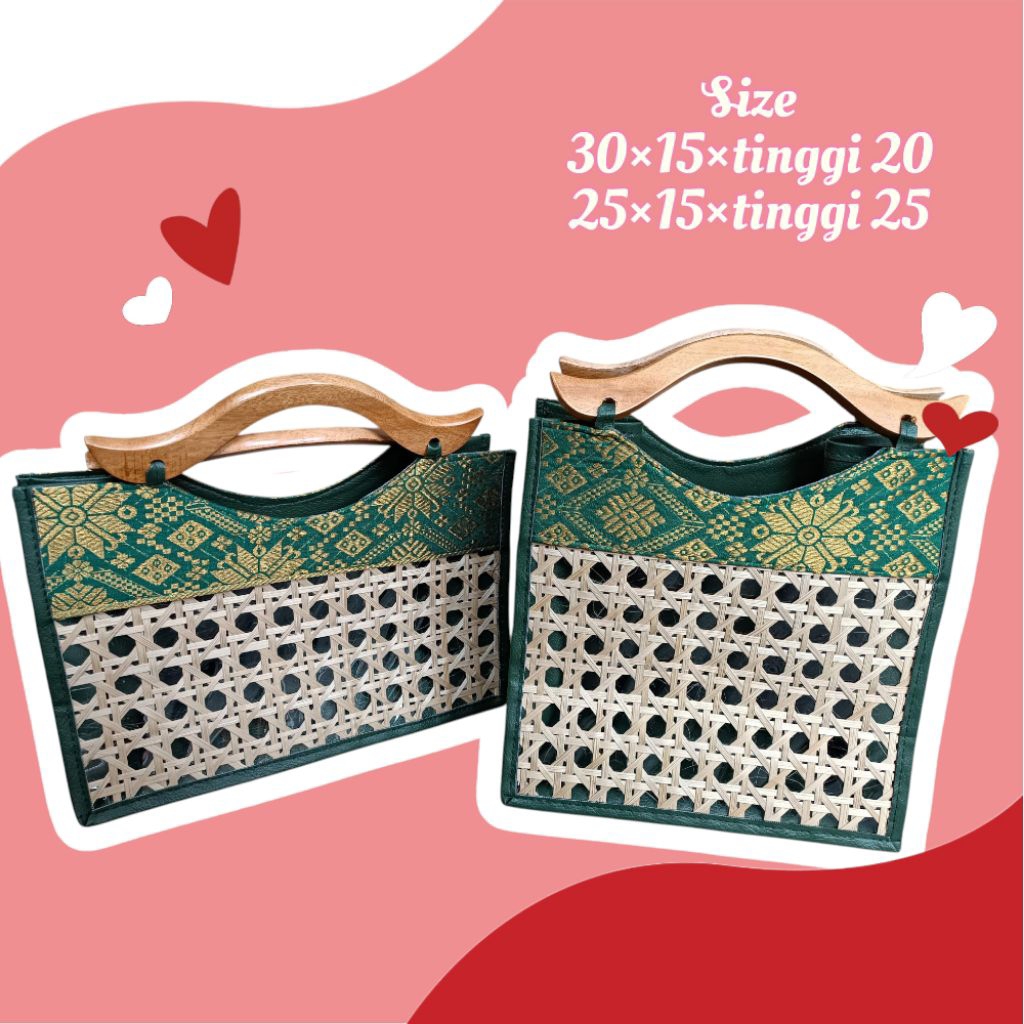 

Tas Songket Kombinasi Anyaman bambu / Tas jinjing Kayu kombinasi / Tas hampers natal Imlek Idulfitri