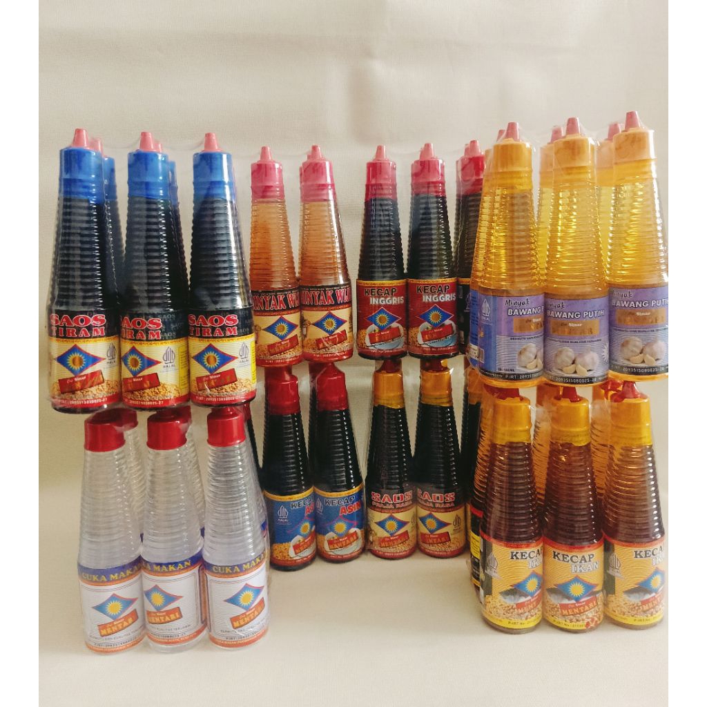 

Paket hemat reseller Minyak wijen/Kecap inggris/Kecap ikan/Kecap asin/Saos praja rasa/Saos tiram/Cuka makan cap sinar mentari halal lebih murah exp lama penyedap botol plastik