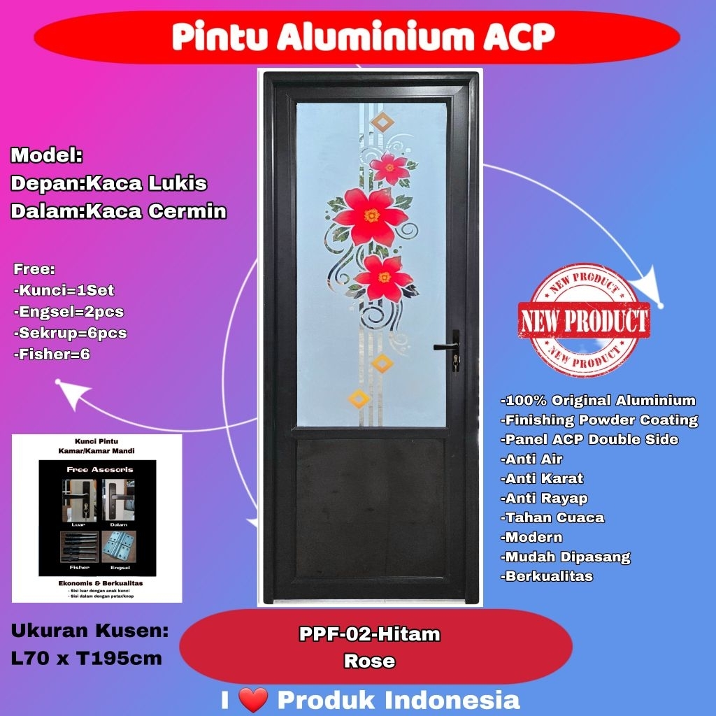 Pintu Kamar Mandi Aluminium-Happy Door-PPF 02-3/4 Kaca Lukis Rose-Kaca Cermin Dalam-Hitam