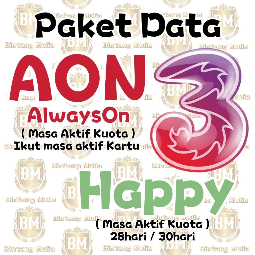 Paket Data Kuota internet Tri 3 AON atau HAPPY