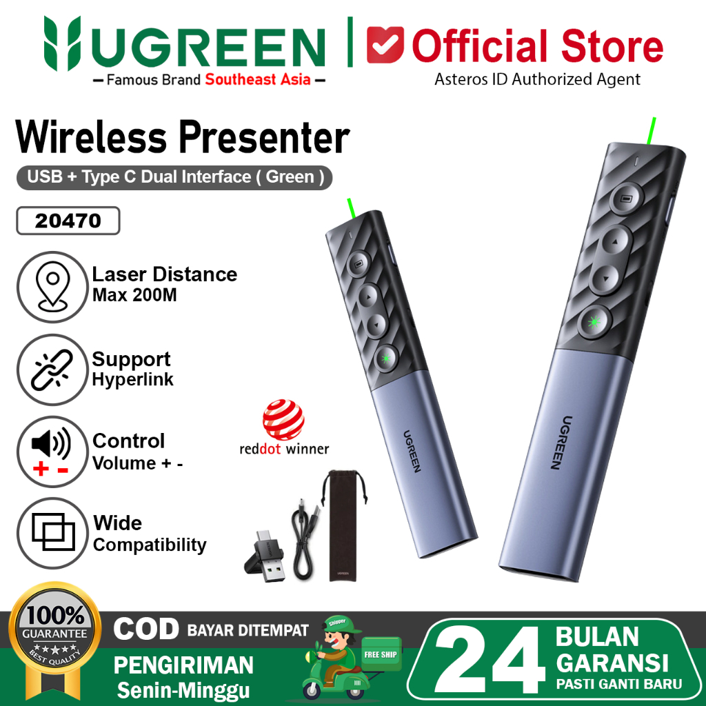UGREEN Laser Pointer Wireless Presenter Dual Conection Rechargable Laser Green 20470