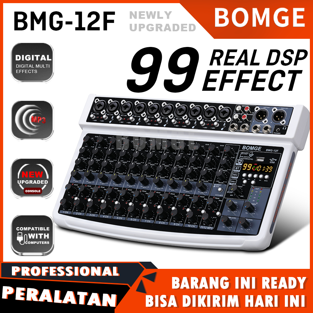 BOMGE 12F Audio Mixer,12 Channel Mini Mixer Audio,DC5V 99Efek DSP/USB Bluetooth MP3,perekaman USB, i