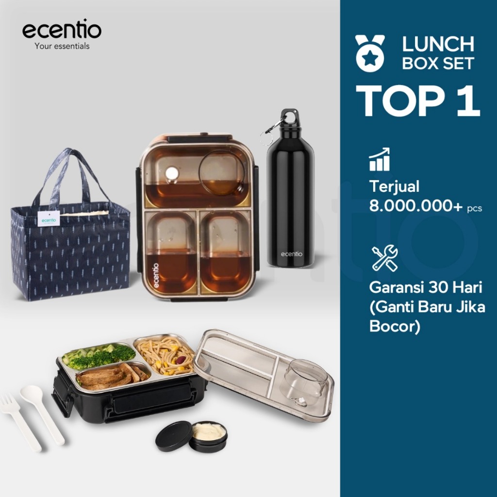 ecentio lunch box stainless anti tumpah 800ml sekat 3 dengan sendok free kotak sauce kecil