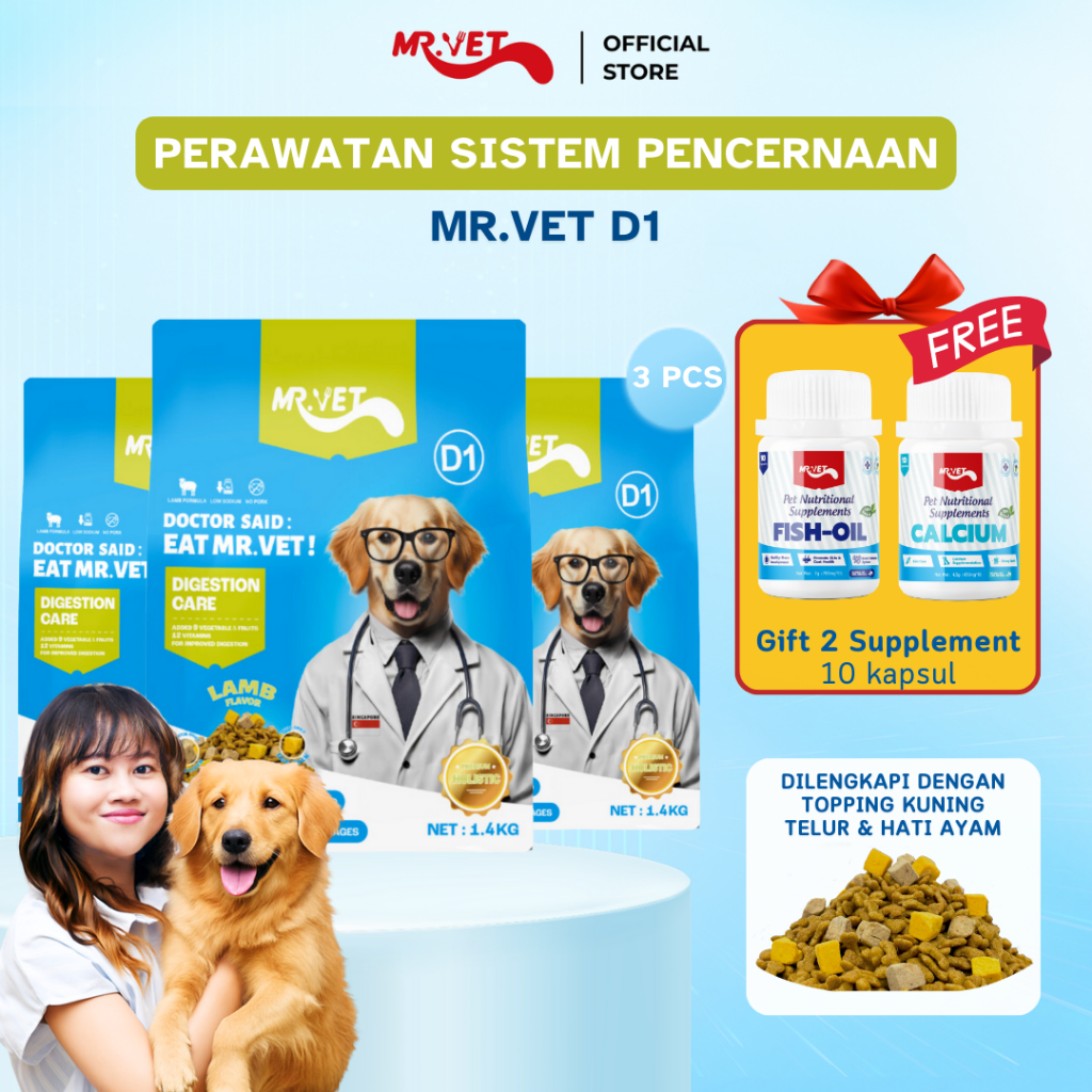 

23bagusmenshop - Mr.Vet D1 Dog Food 4.2kg + Bonus Fish Oil & Calcium Suplemen Anjing