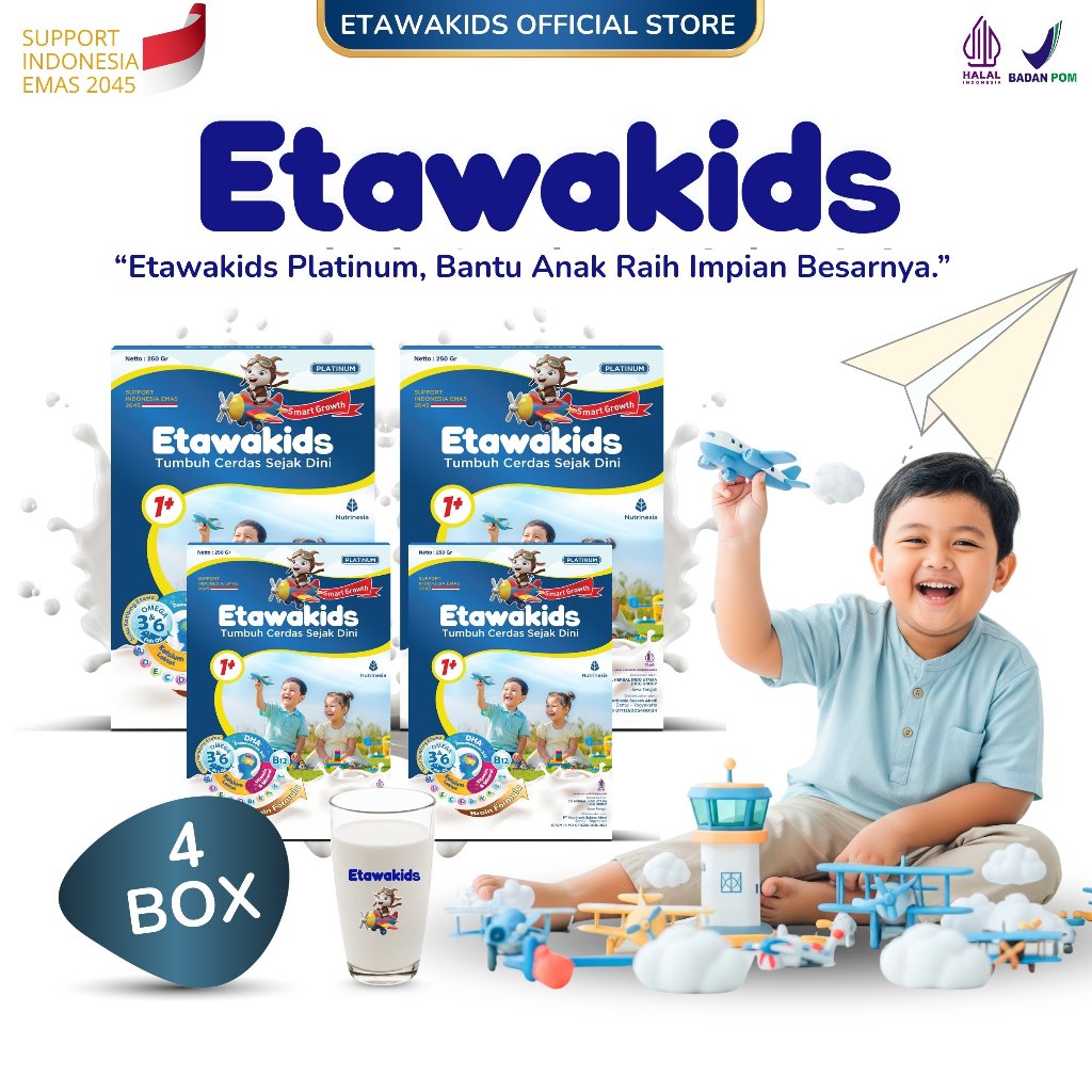 

Etawakids Platinum Susu Anak Kandungan Fish Oil DHA, Omega 3 6, Whey Protein & Kalsium 4 Box