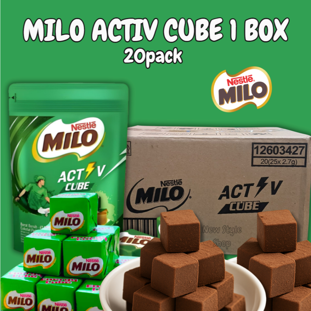 

MILO Activ Cube 1 BOX Isi 20Bags @ 67.5gr Snack Halal Nikmat / MILO CUBE Isi 20Bag x 25 Blok @ 2.7g / MILO ACTIV CUBE