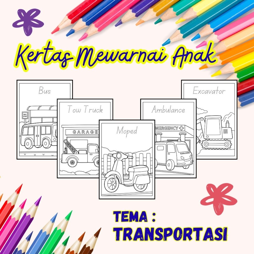 

20 LEMBAR KERTAS MEWARNAI ANAK TEMA KENDARAAN TRANSPORTASI (READY LANGSUNG KIRIM)