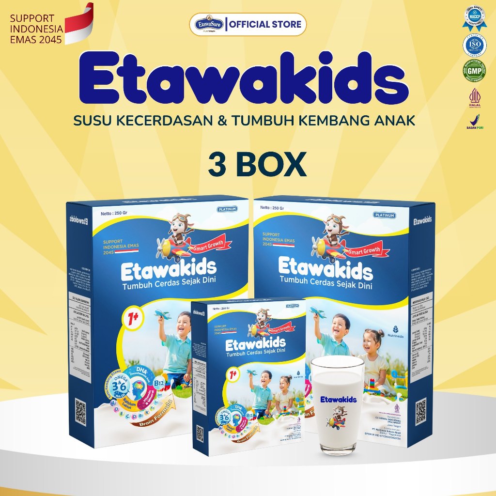 

Susu Nutrisi Khusus Kecerdasan & Tumbuh Kembang Anak dengan DHA, Omega 3 6, Vitamin & Mineral Etawakids Platinum Kemasan 250gram 3 BOX