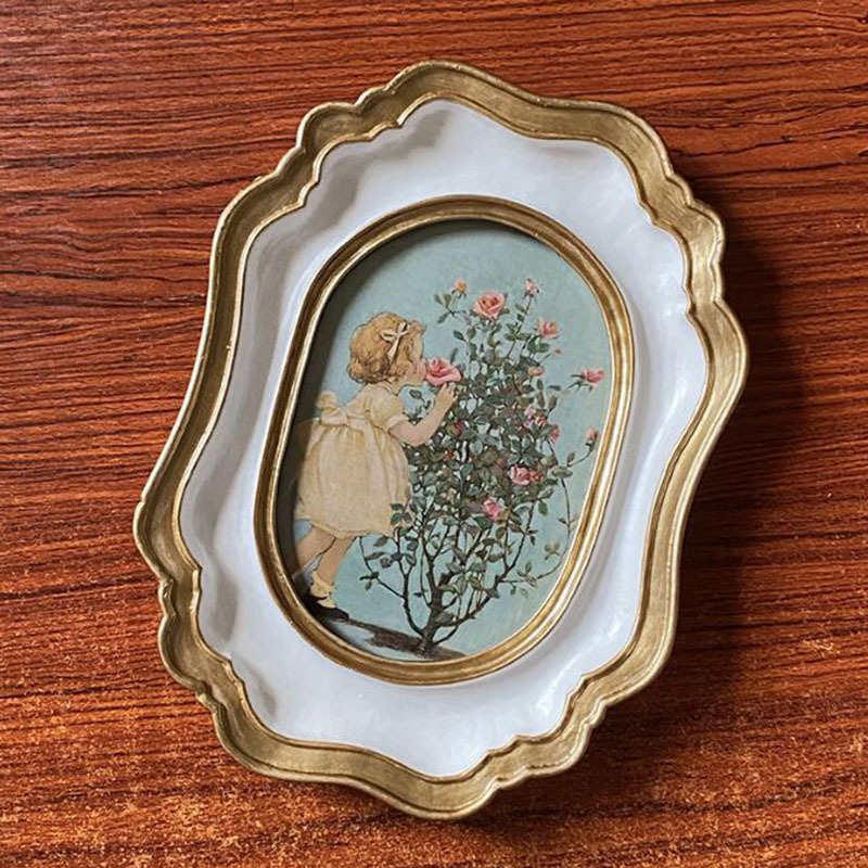 Bingkai Foto Frame Shabby Oval Cream Gold Edge Resin Photo Frame