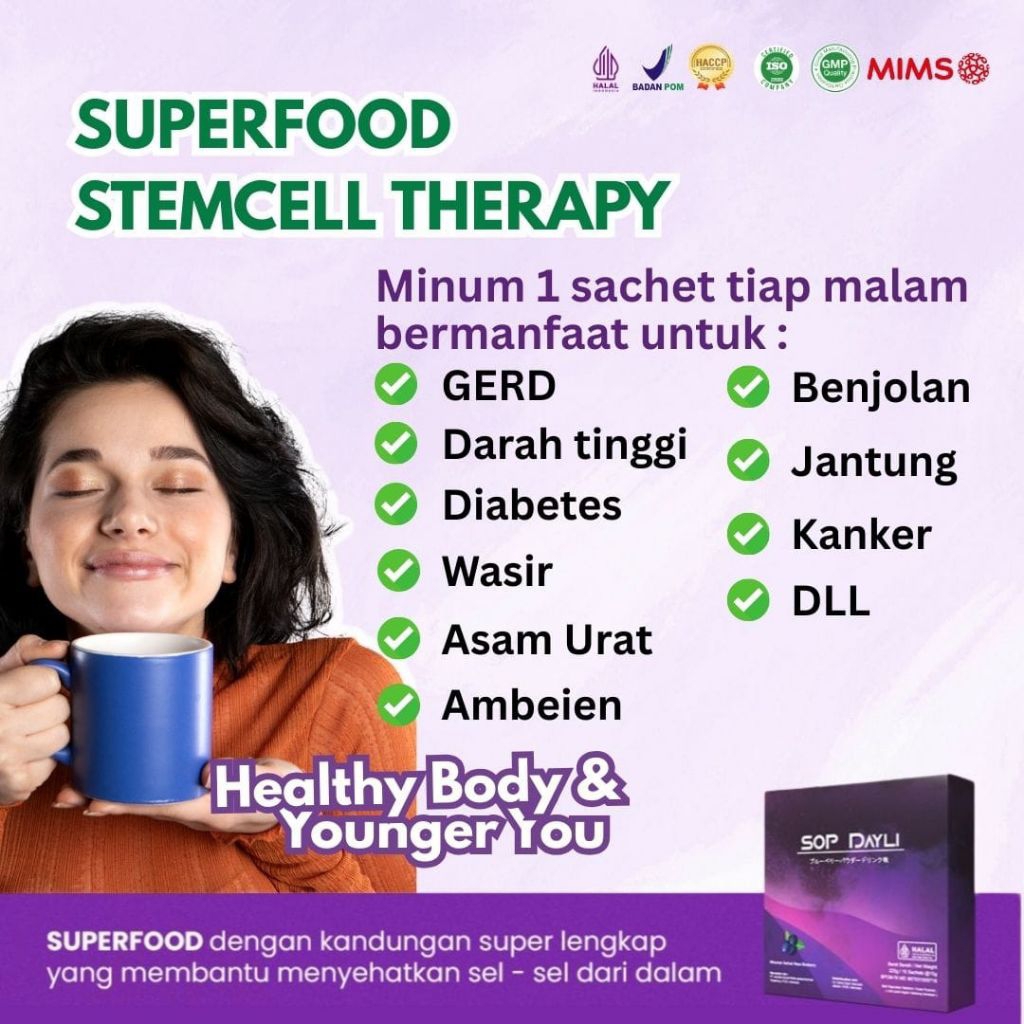

SOP Dayli OFFICIAL Medan - 1 Box Isi 15 Sachet - Minuman Nutrisi Stemcell Premium | Booster Regenerasi Sel | BPOM Resmi | MIMS |