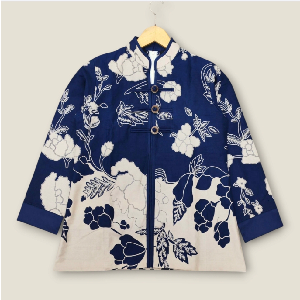 BATIK PRABUWANGSA - Blouse batik cheongsam batik kembang navy