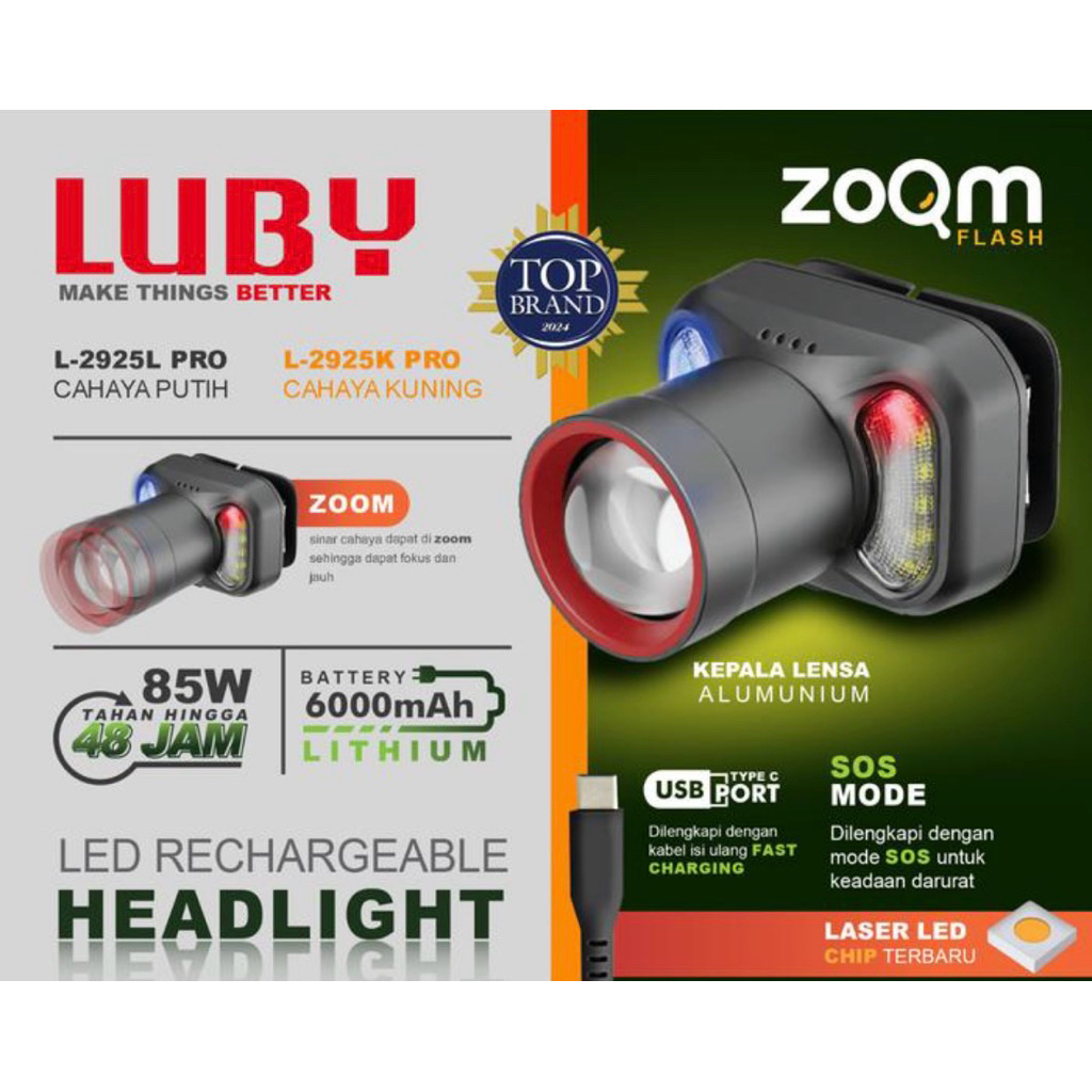 SENTER KEPALA LUBY 85 WATT / 70 WATT L-2925 PRO CAHAYA PUTIH CAHAYA KUNING