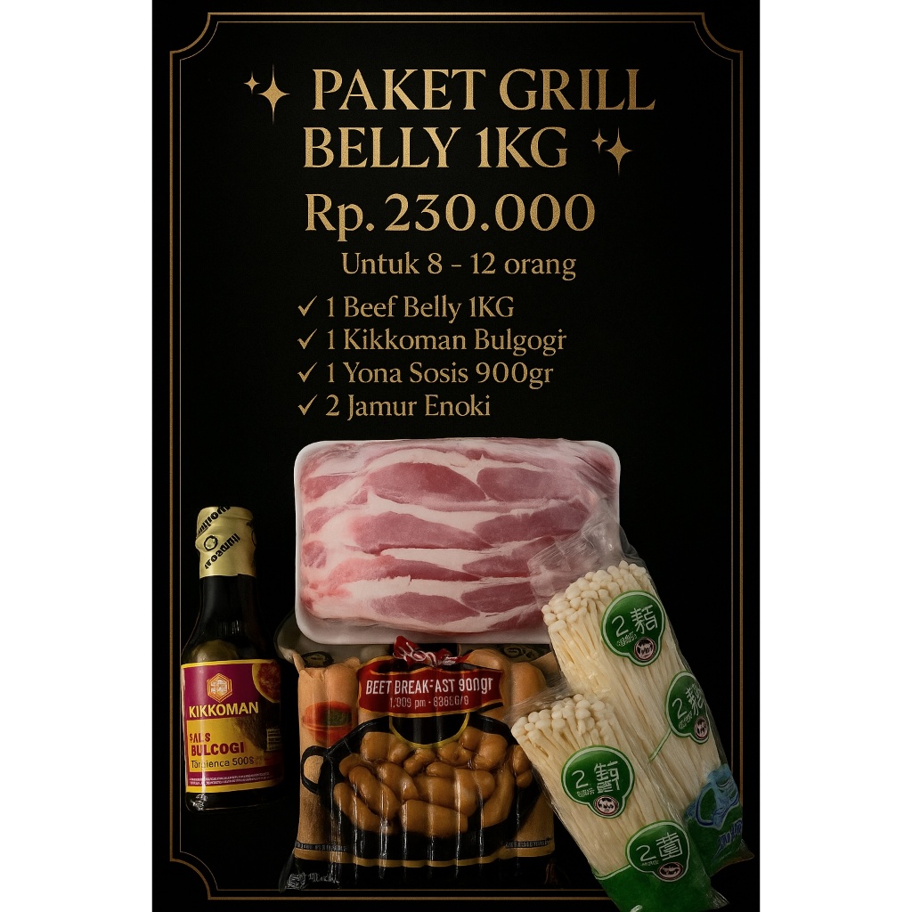 

Paket Grill Belly 1kg (Belly beef slice 1kg + kikkoman bulgogi + yona breakfast sosis 900gr + 2 enoki) 8 - 12 orang