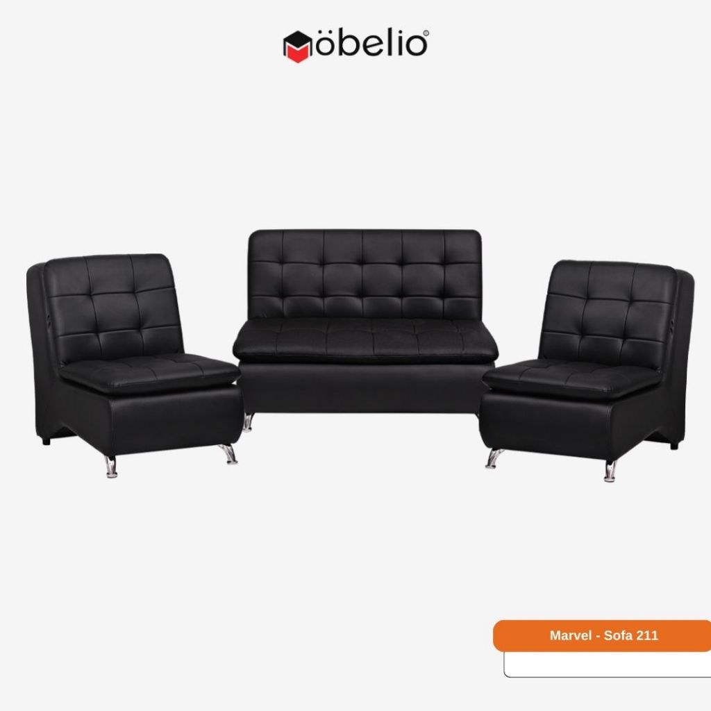 Mobelio - Sofa Set Tamu Kulit Oscar Minimalis 211 Seater Hitam & Coklat - Marvel