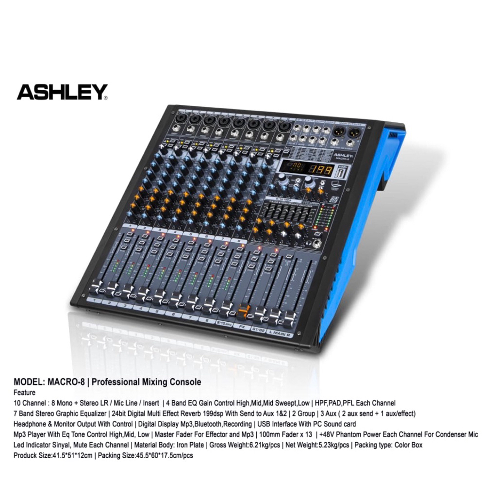 Mixer Ashley Macro 8 Original 8 Channel + Stereo LR Bluetooth