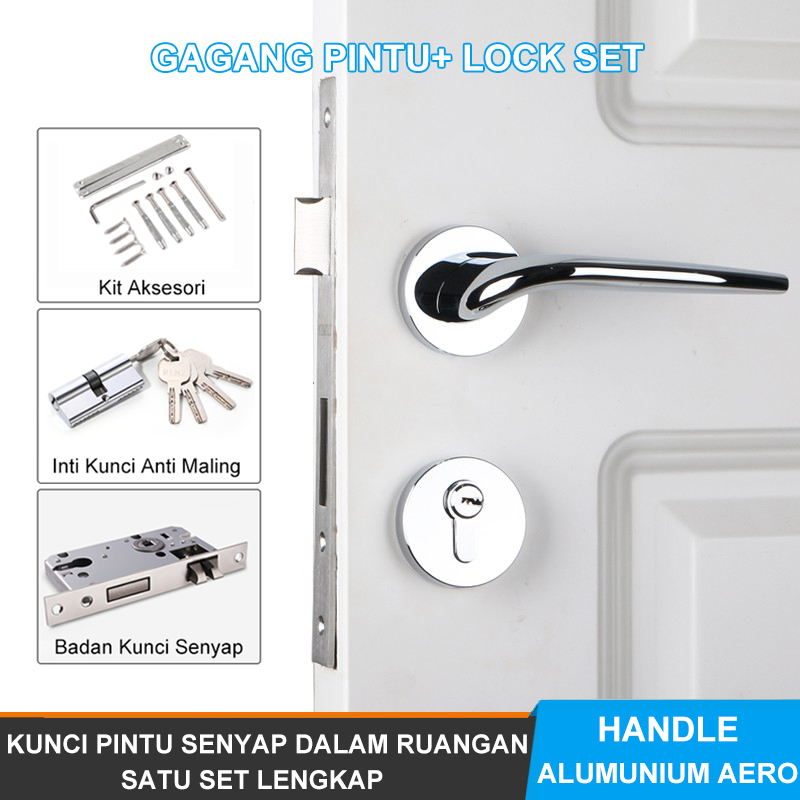 Gagang Pintu Bundar Bulat - Kunci Pintu Paket Komplit Handle Bundle - Bahan Aluminium Aerospace