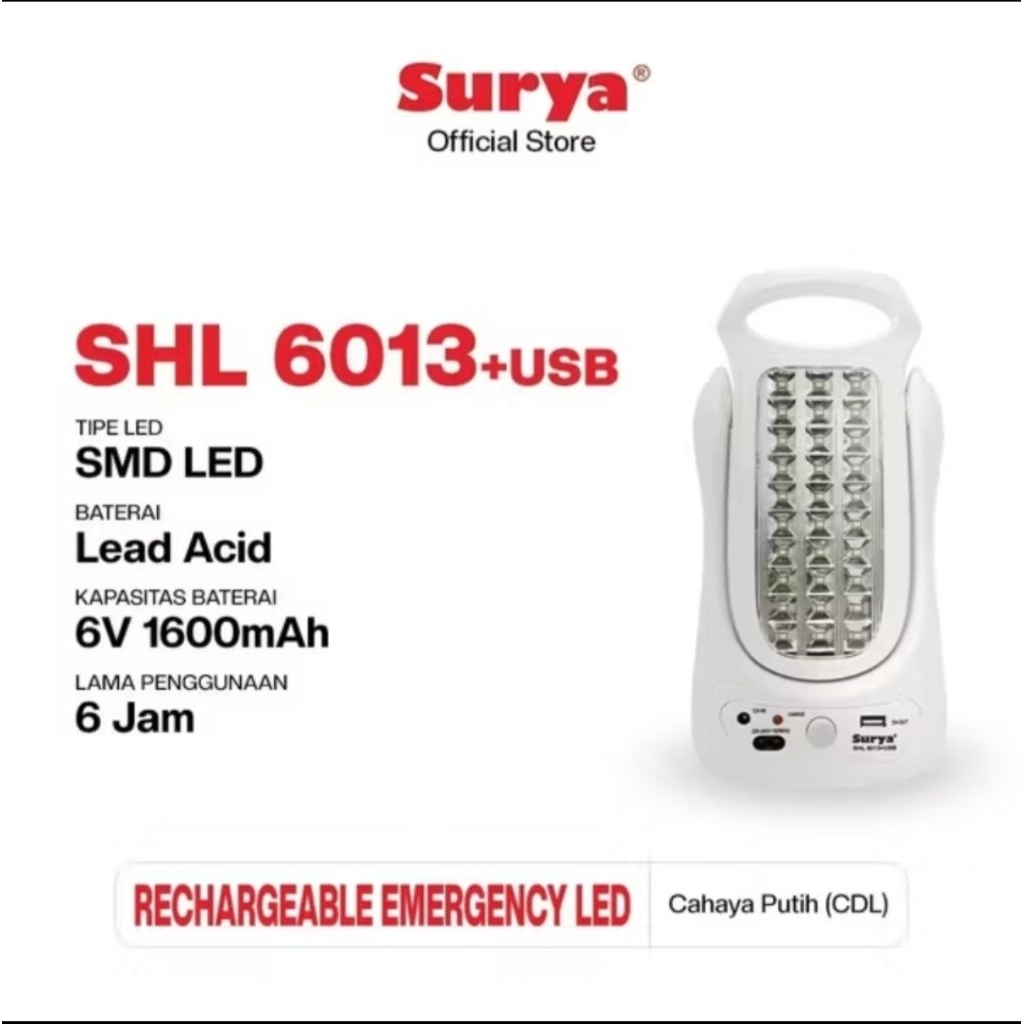 Surya SHL 6013 + USB Emergency Led cas ulang / Lampu Emergency LED cas ulang SHL 6013 + USB