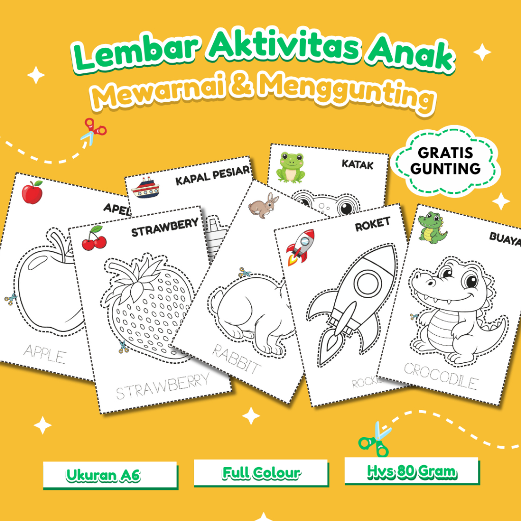 

60 LEMBAR AKTIVITAS ANAK MEWARNAI & MENGGUNTING/LATIHAN MENGGUNTING KERTAS A6 HVS 80 GRAM