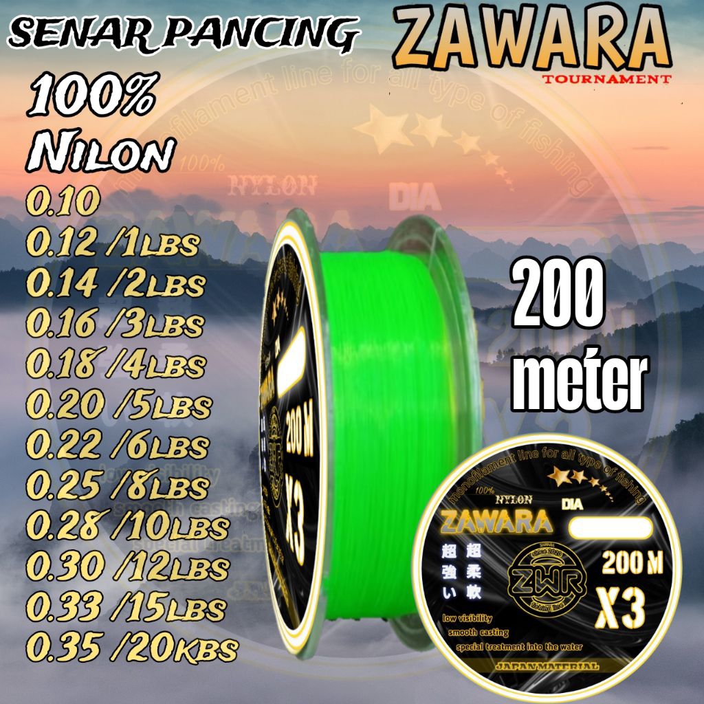 Senar pancing 200 meter hijau stabilo kuat anti keriting ZAWARA