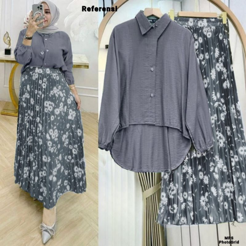 One Set Wanita Setelan Rok Plisket Atasan Blouse kringkle rok Motif Bunga Outfit Hijab Kekinian