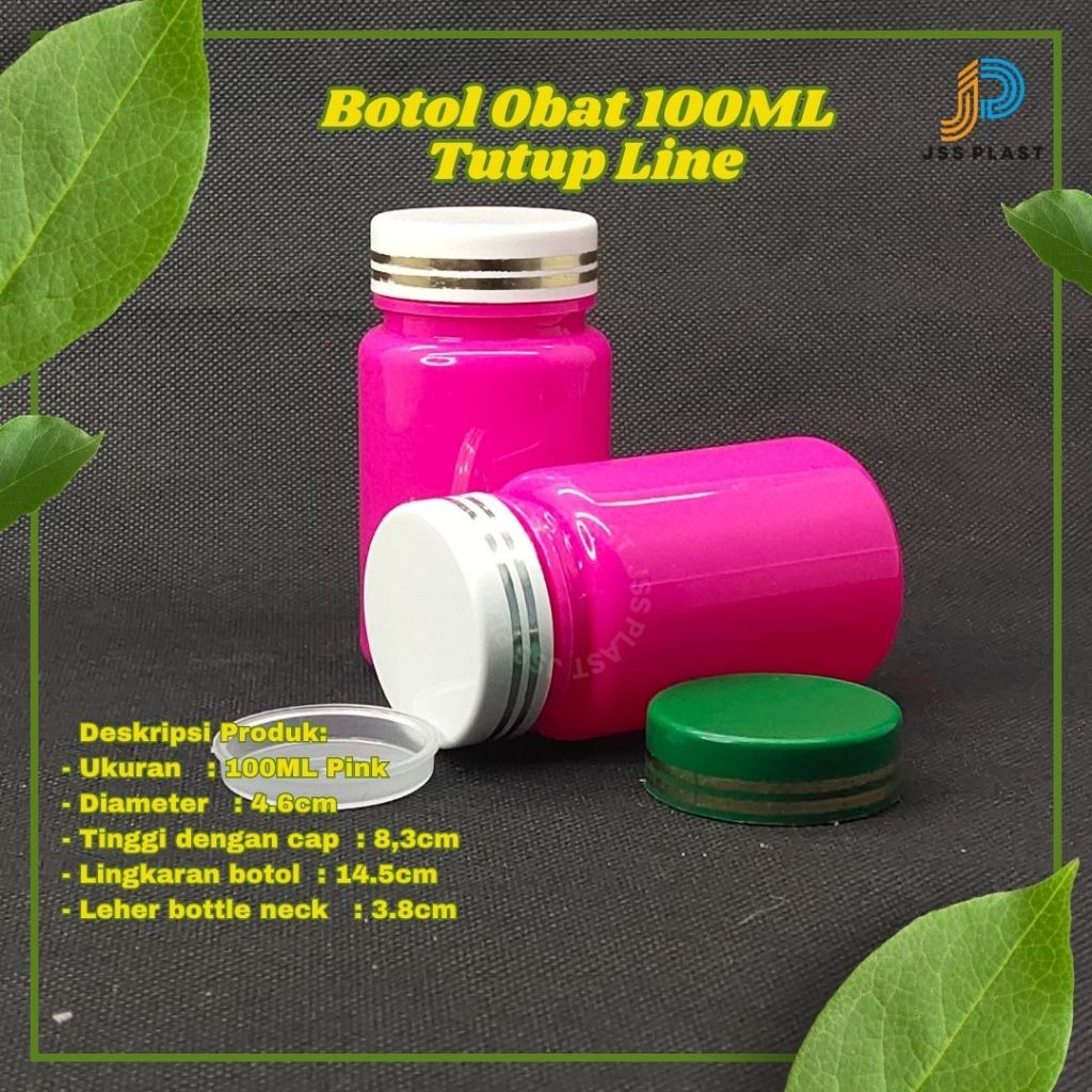 Botol Obat 100ML Pink Tutup Putih Line 2 Gold + Inner