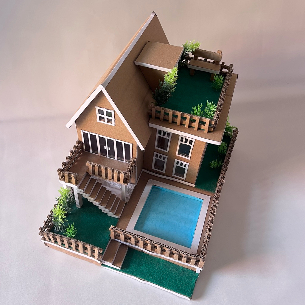 Prakarya Miniatur Maket Rumah Elit Mewah 2 Lantai Kolam Renang dari Kardus Tugas Sekolah Membuat Kar