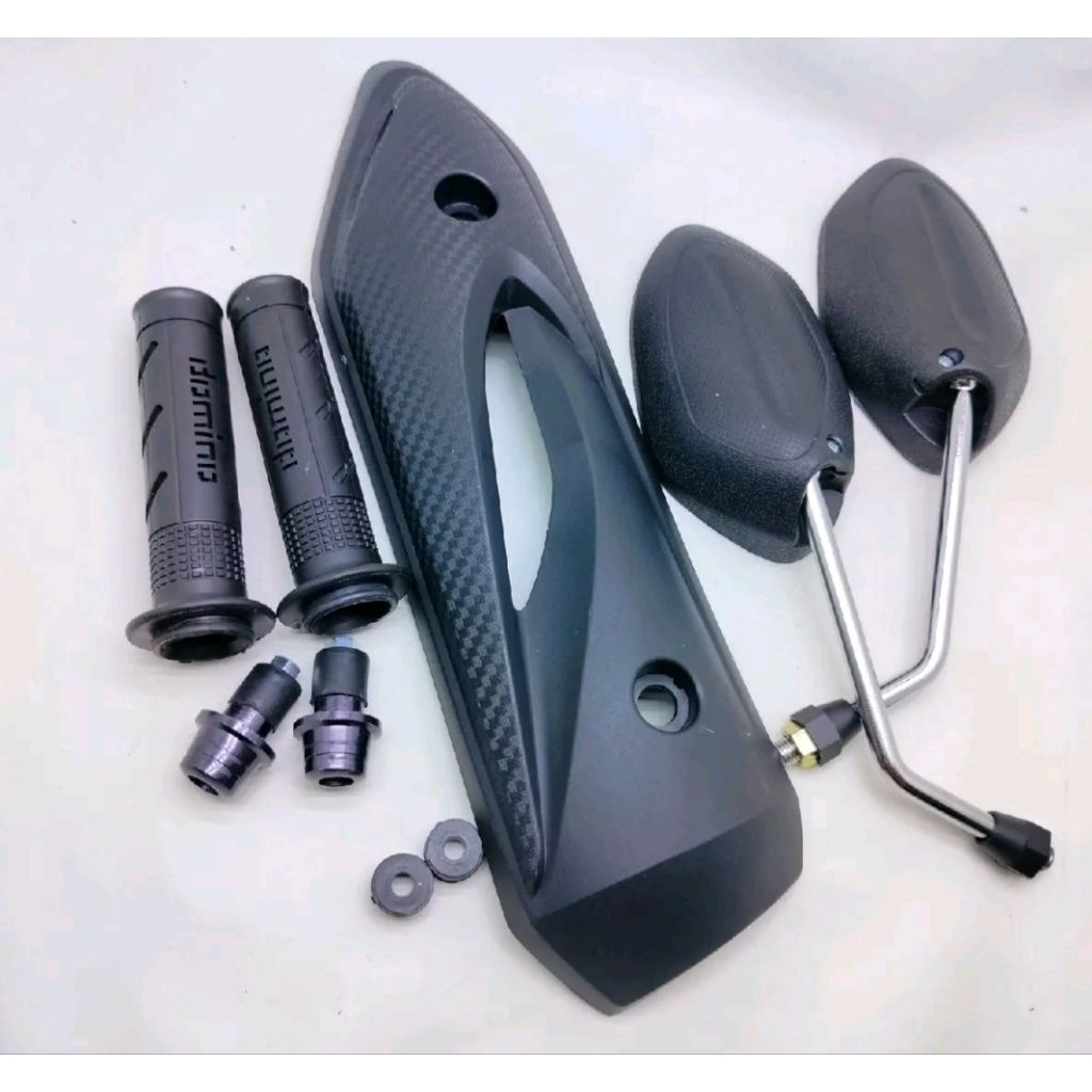satu set handgrip sisik hitam + jalu stang hitam + spion beat tangkai chrome standar + cover knalpot