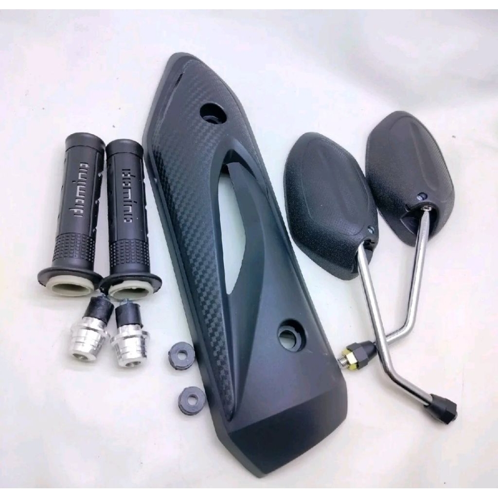 satu set handgrip sisik abu-abu + jalu stang abu-abu + spion beat tangkai chrome standar + cover kna