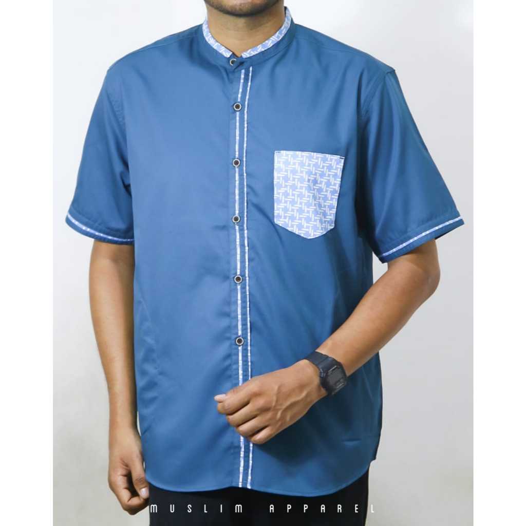 Baju Kemeja Koko Lengan Pendek Pria Motif Batik Warna Biru Denim Terbaru