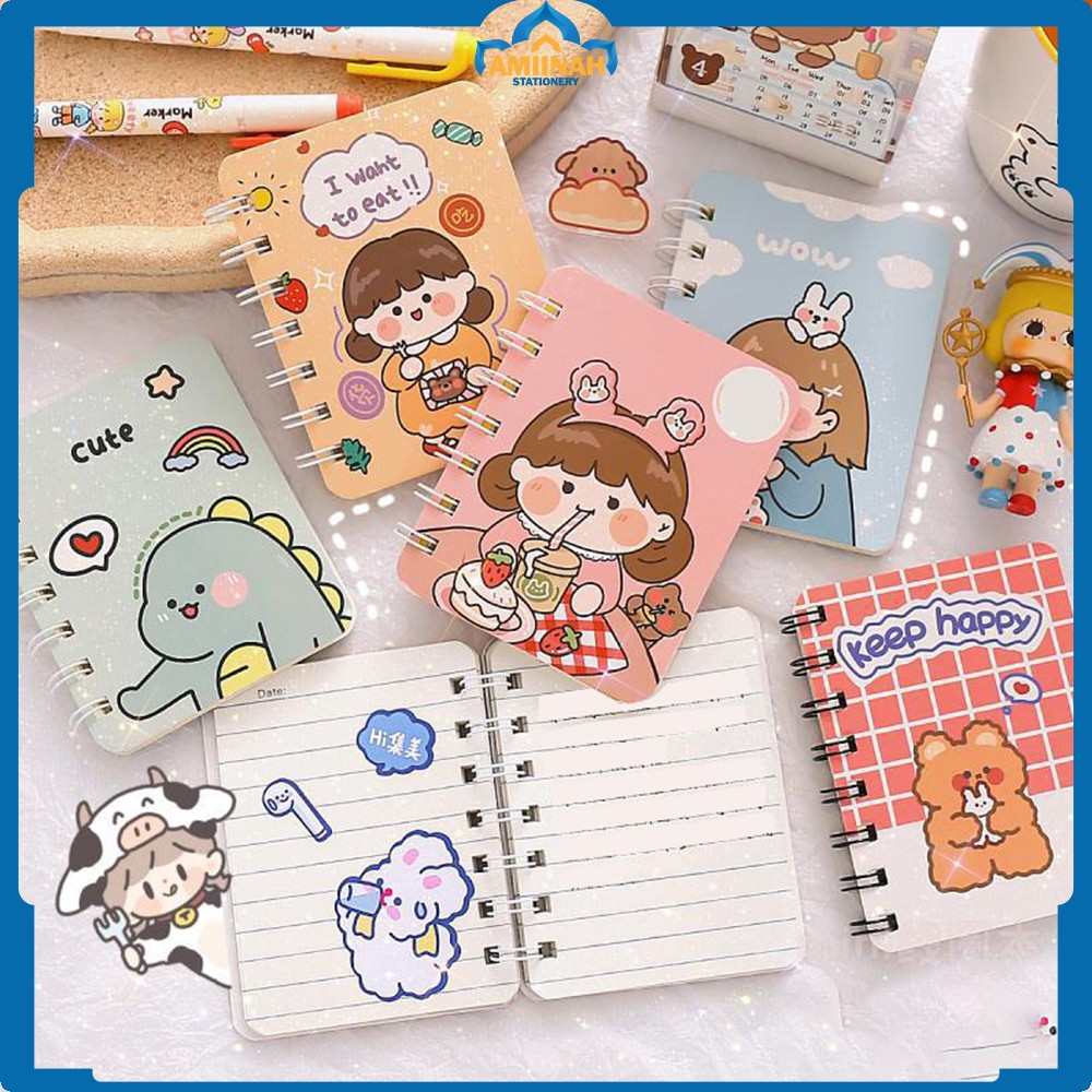 

Buku Mini Alat Tulis Portable / Buku Catatan Kartun Memo Kecil A7 80 Lembar / Buku Kecil Notebook Ring Motif Notepad Amiinah Stationery A58