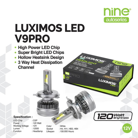 LUXIMOS Lampu Utama Mobil 120W H4 H11 HB3 HB4 Foglamp Super Terang Putih V9 PRO - NINE AUTOSERIES