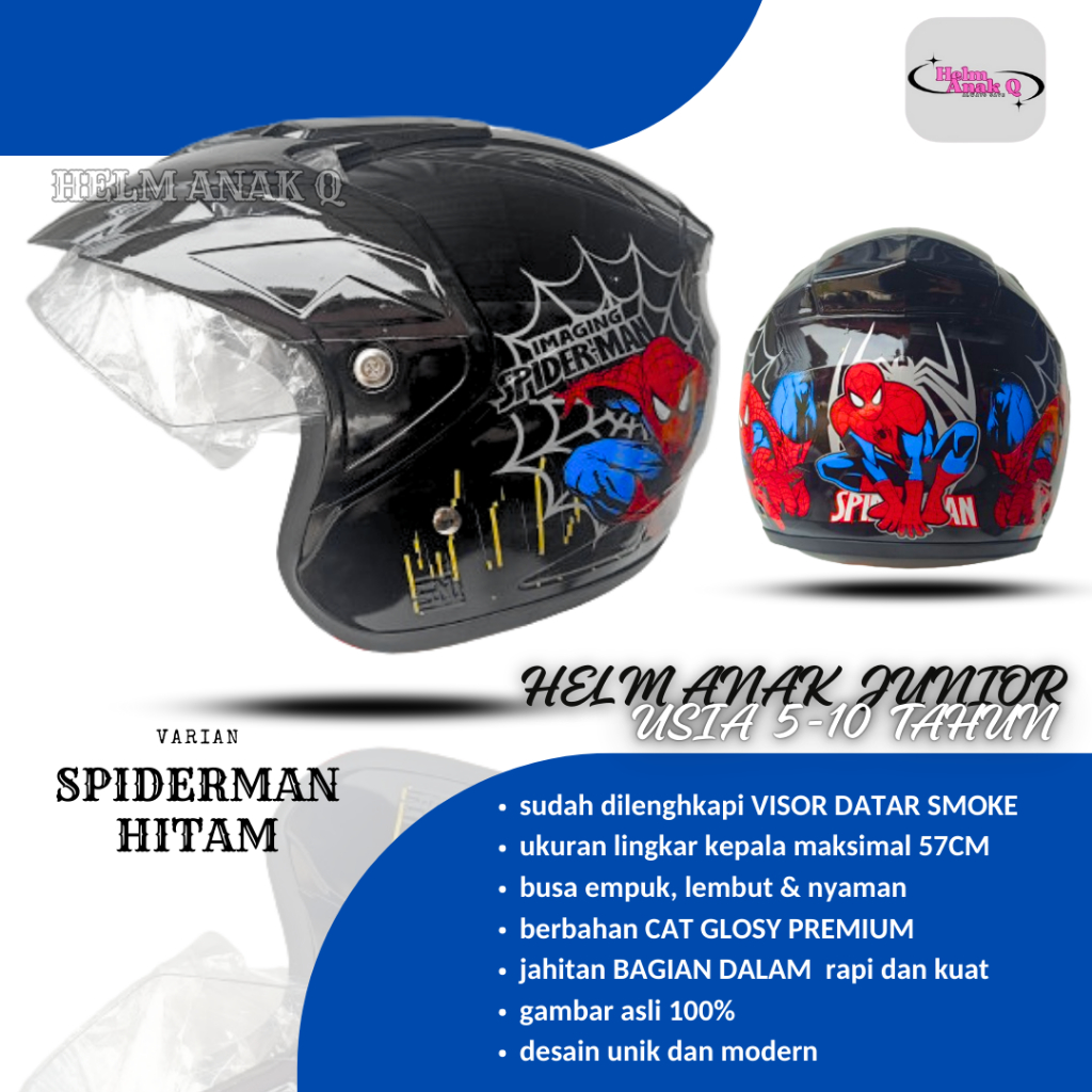 Helm Anak Junior Pet Karakter Cat Premium Usia 5 -12 Tahun Laki Laki Perempuan - Spiderman Hitam