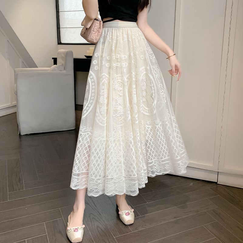 Rok Renda Rajutan Berongga Wanita Musim Semi 2025 Rok Peri Ramping Pinggang Tinggi Baru Rok Payung A