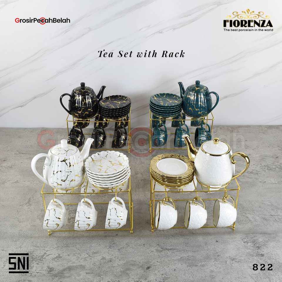 Fiorenza - Tea Set Cangkir & Gelas Kopi Teh dengan Rak Set Cangkir Teko Keramik Elegan & Estetik | M