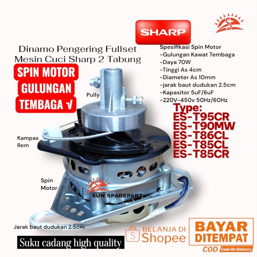 Dinamo pengering fullset Gulungan TEMBAGA mesin cuci Sharp 2 Tabung ES-T95CR ES-T90MW