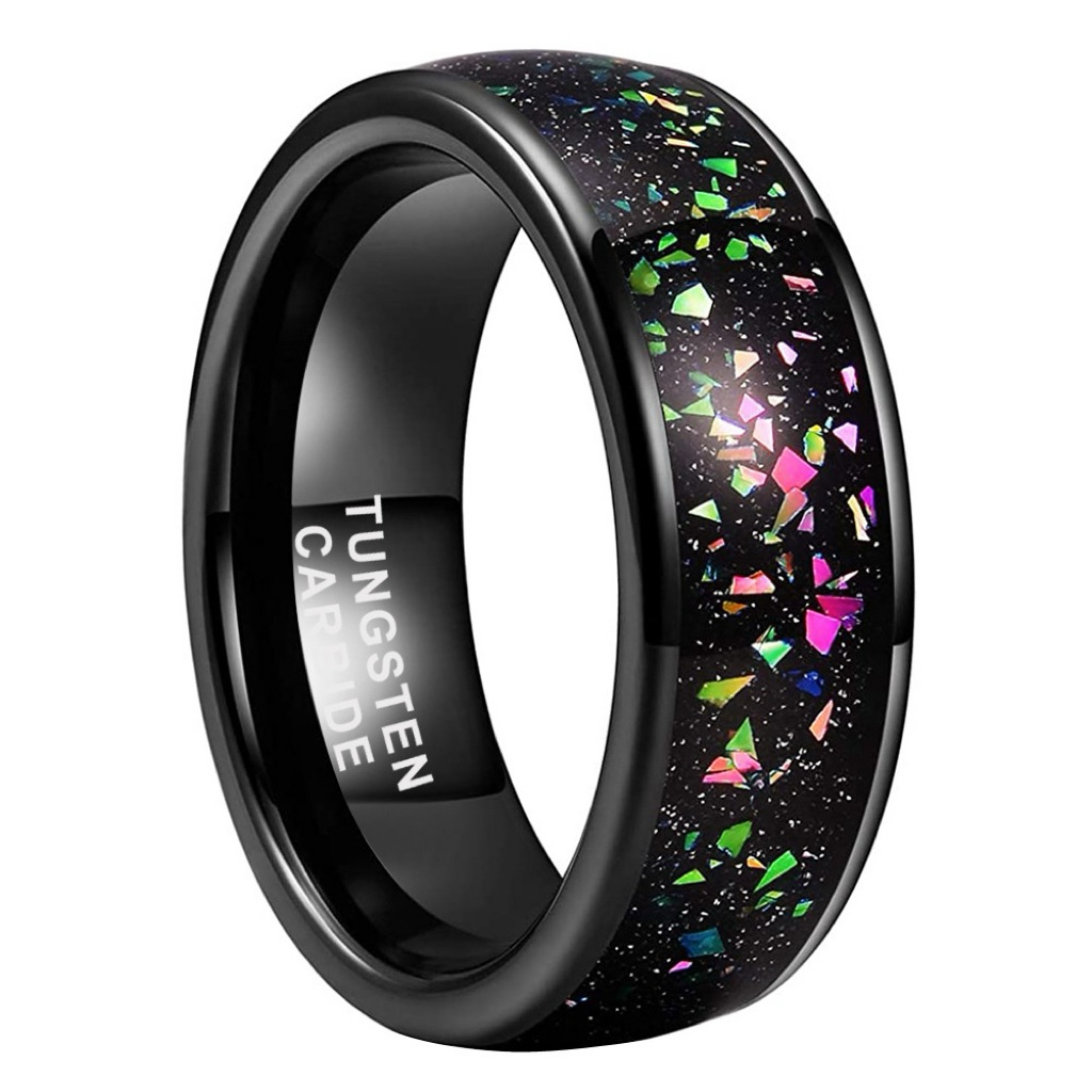 Cincin Tungsten Carbide Original Premium Quality Stary Rainbow Black Opal Kalimaya Infuse Gem