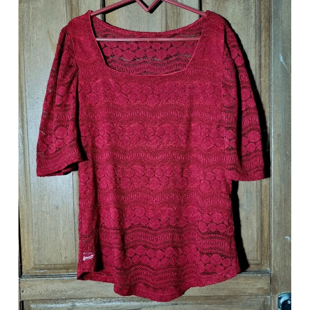 Atasan brukat wanita merah maroon/Brokat lengan pendek
