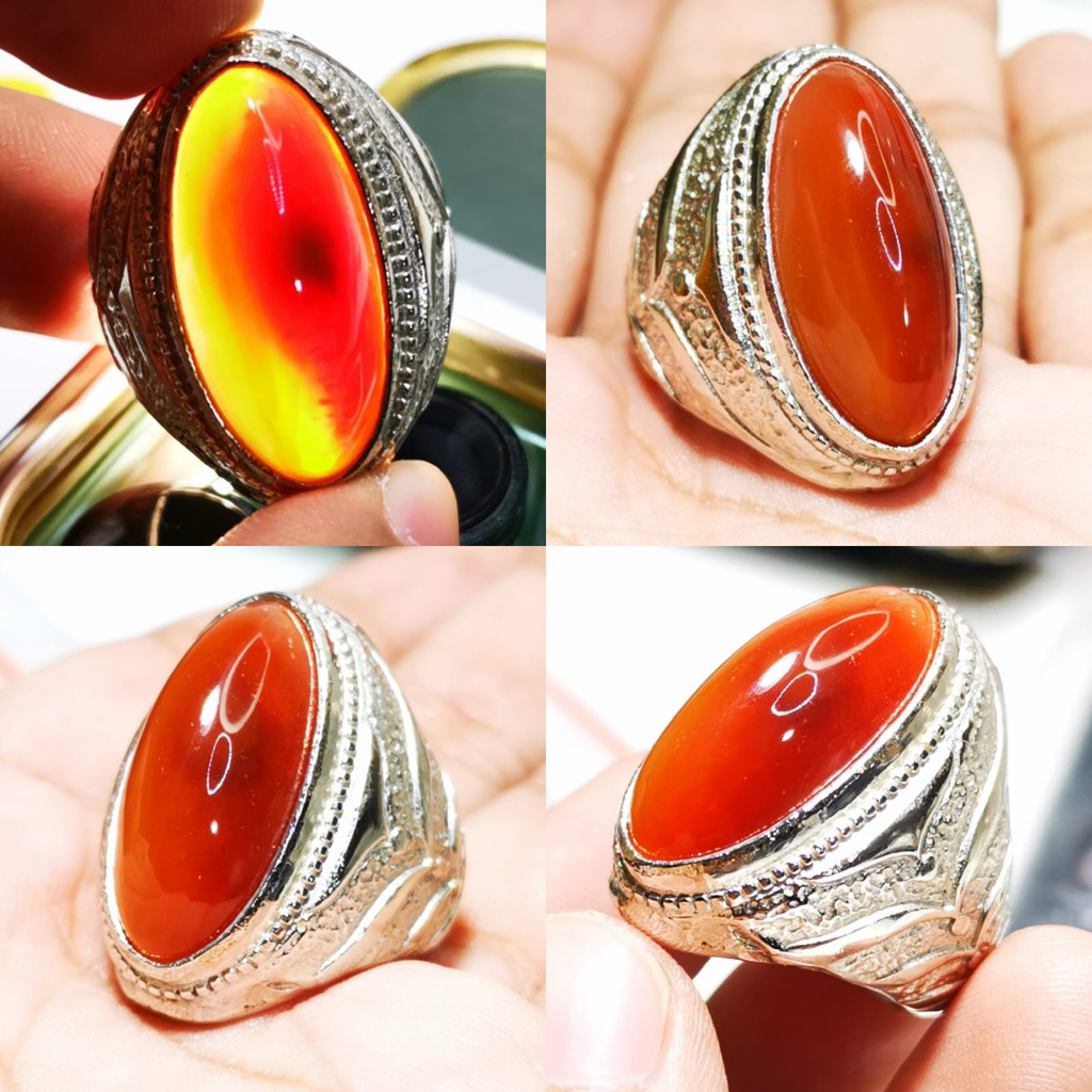 Cincin Batu Akik Asli Natural Pandan Merah Serat Kapas Elegant Full Kristal