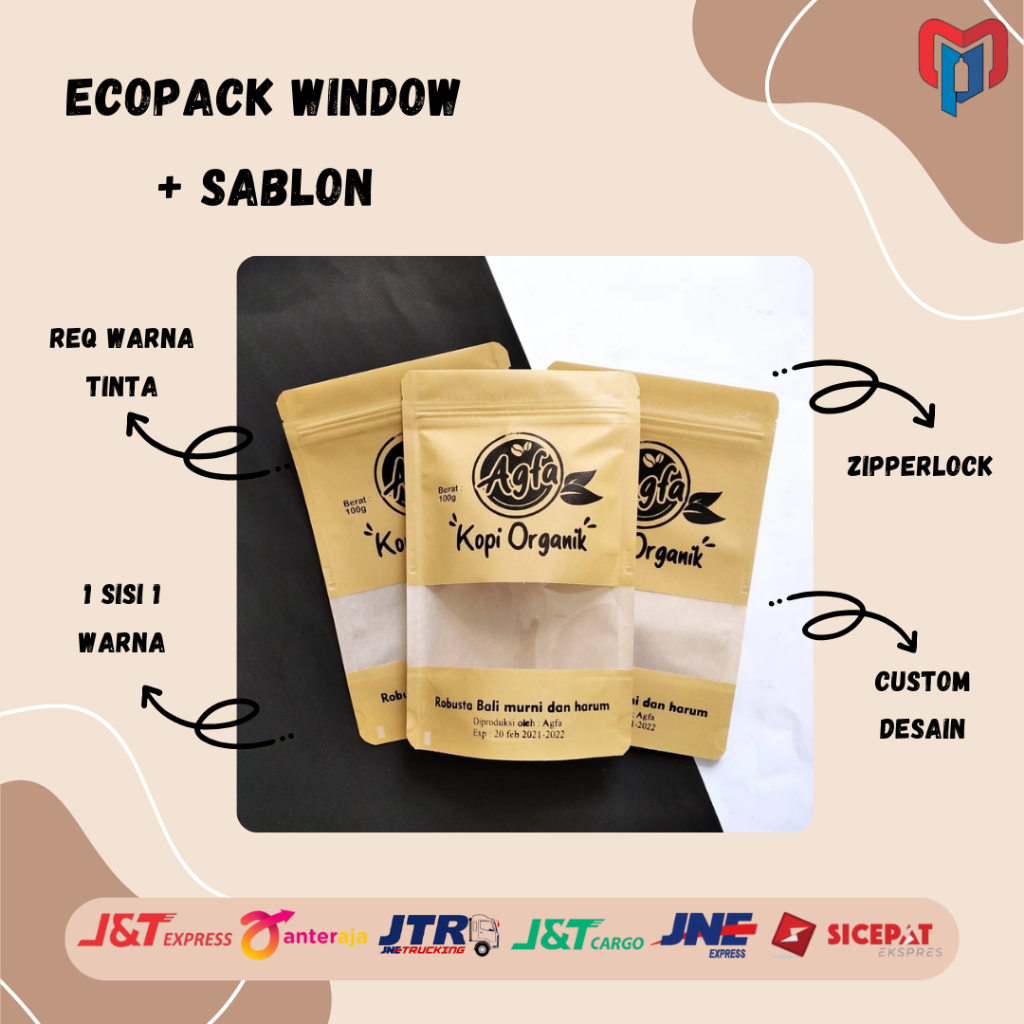 (200pcs) PAKET KEMASAN STANDING POUCH ECOPACK WINDOW + SABLON MERK CUSTOM DESAIN