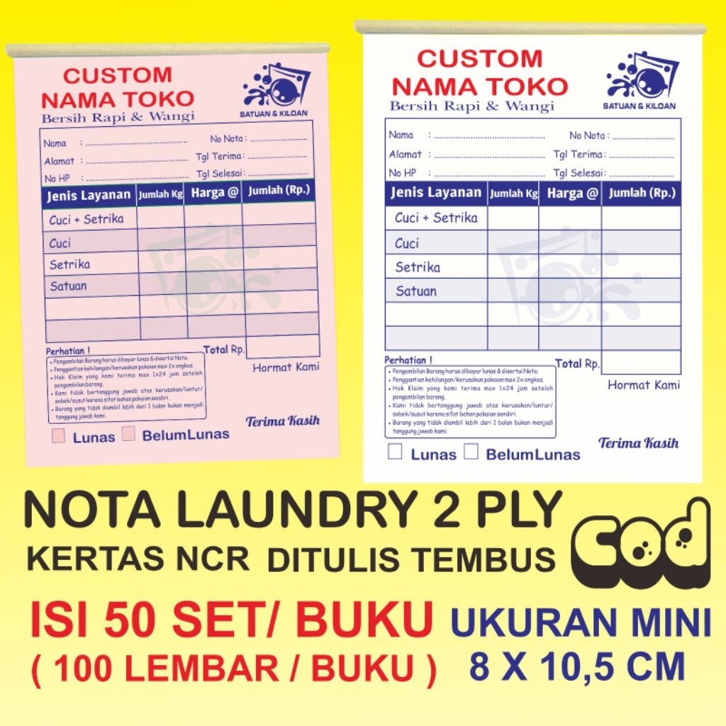 

nota laundry custom 2 ply isi 50 set/ buku ( 100 lembar/buku ) ukuran mini 8x10,5cm