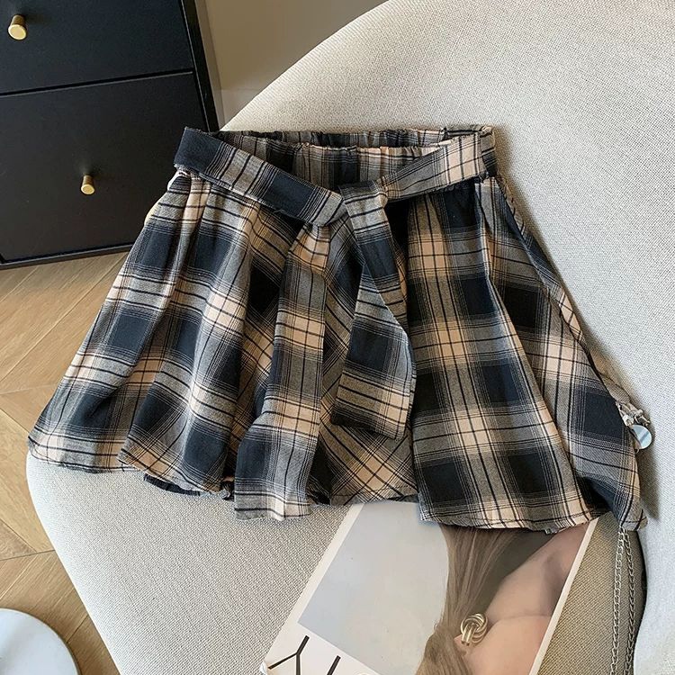 <elegan.girl> S-3XL Rok Pendek Pinggang Tinggi Ala Korea Rok Pendek Kemeja Kotak-kotak Rok Pendek Ti