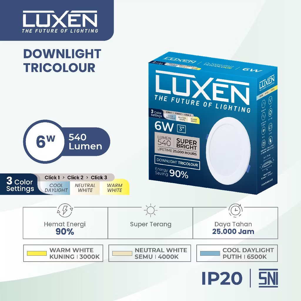 LUXEN Lampu downlight led TRICOLOUR Inbow bulat 6 9 12 18 Watt W 1 lampu 3 warna 3000k 4000k 6500k 1