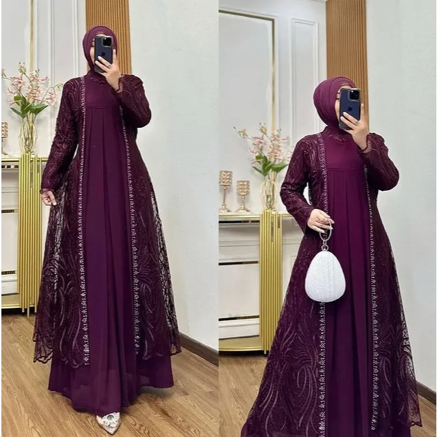 ALINA DRESS Baju Brokat Kondangan LD 110 Warna Burgundy Viral Gamis Lebaran 2026 Model Terbaru 2026 