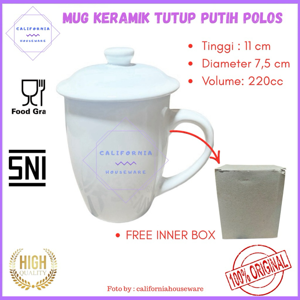 Mug Tutup Polos Putih / Mug Keramik Tutup Polos / Cangkir Mug Putih Polos