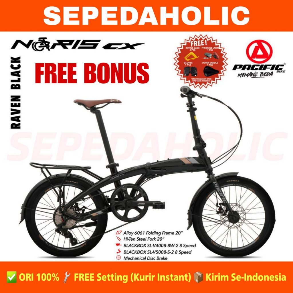 Sepeda Lipat PACIFIC NORIS CX Ukuran 20 Inch 8 Speed Rem Cakram Boncengan