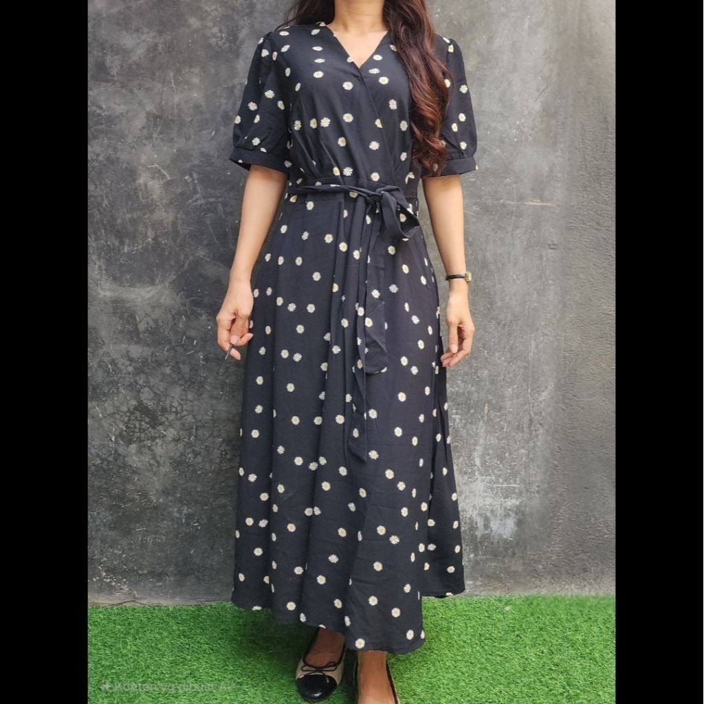 Preloved BK134 Hotping dress midi hitam motif bunga daisy size M L 3 lengan tangan balon pendek lehe