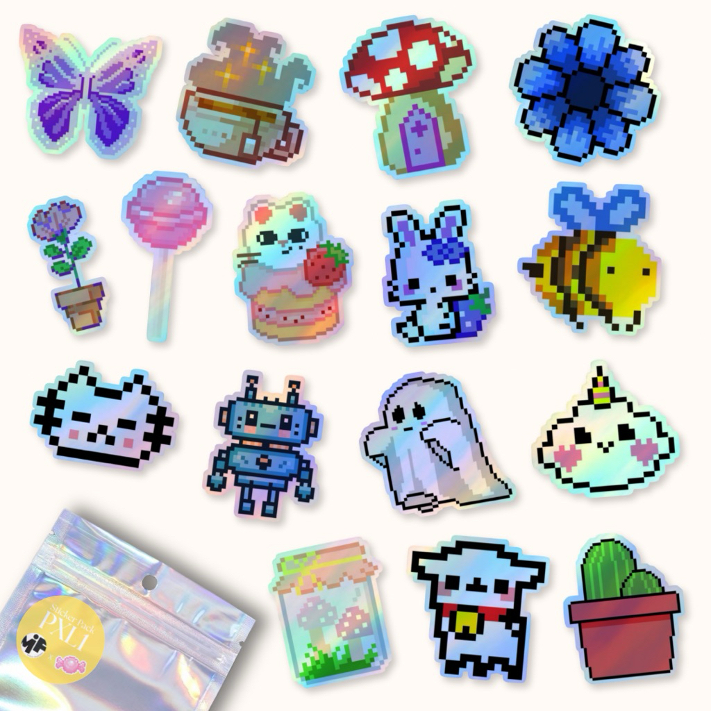 

[1 Pack] Sticker Hologram Pixel Cute Premium Laminasi , Stiker Hologram Pixelated Aesthetic Isi Banyak Dekorasi Laptop Tumblr Gitar